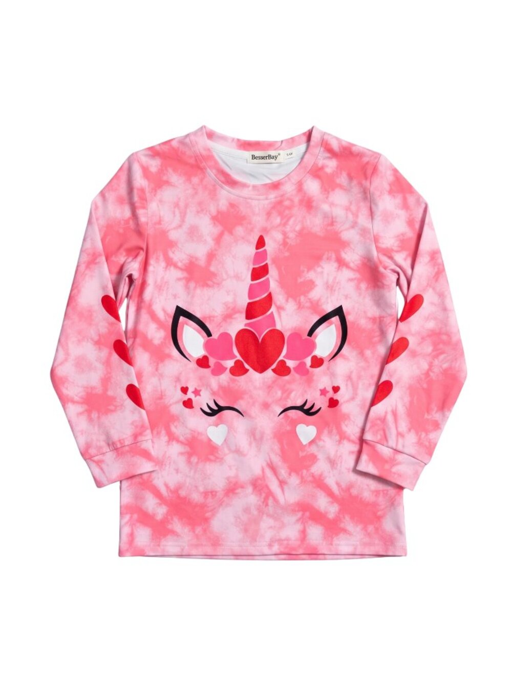 NWOT | BesserBay Pink Tie-Dye Unicorn Top | Heart Graphic | Long Sleeve | Kids L